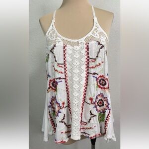 Rare Free People Floral Embriodered Cross Stitch Racer Back Flowing Tank Top XS
